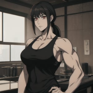 Goth mommy
Masterpiece, muscular female, gorgeous face, red eyes, omae mo shindieru meme,
Long ponytail hair, black hair, fuzzy hair,
Muscular body, muscular female, biceps, abs, big bearsts,
Tank top shirt, straps, Correct hands, correct arms,makima \(chainsaw man\),boichi manga style,Kim Mi-Jung,BiBa