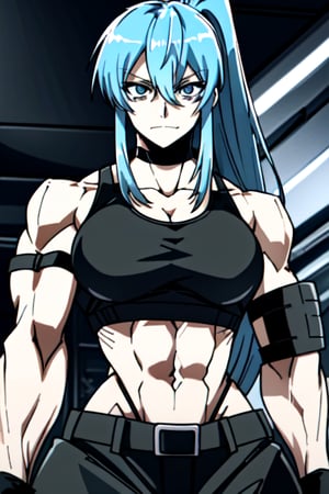 makima \(chainsaw man\), muscular_female, solo, buff_woman, biceps, at_the_gym, very long ponytail hair, black hair, dark black hair, shiny hair, mega_spiky_hair, emotionless eyes, thick linked eyelashes, black eyes, tank top shirt, shaped clothes, arm_strap, black pantalon, relaxed_expressions, closed_mouth, smirking,Defaults17Style,ESDEATH,