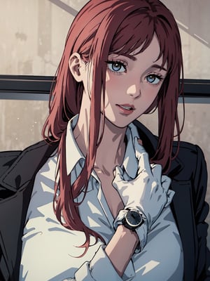 (masterpiece:1.2, best quality), 1milf, solo, (upper body), latexskin, close-up, open chested, long straight hair, gloves,
black blazer with white shirt,
Sleek and polished with a bold lip color
Timeless watch and minimalistic jewelry
Sleek, straight hair
in office,makima \(chainsaw man\)