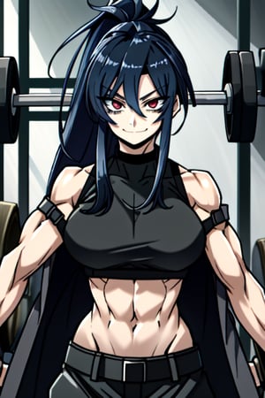 makima \(chainsaw man\), muscular_female, solo, buff_woman, biceps, at_the_gym, very long ponytail hair, black hair, dark black hair, shiny hair, mega_hair, emotionless eyes, thick linked eyelashes, red eyes, tank top shirt, long_leather_black_coat, shaped clothes, arm_strap, fishent_armwear, black pantalon, relaxed_expressions, closed_mouth, smirking,Defaults17Style,ESDEATH,