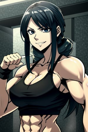 Muscular female, buff woman, massive biceps, biceps, massive muscles, big bearsts, abs, very long long hair, missy fuzzy hair, dark hair, shiny hair, shiny skin, emotionless eyes, black eyes, linked eyelashes, laughing, grimacing teeth, linked teeth, tounge, black tank top shirt, whip, makima \(chainsaw man\), makima \(chainsaw man\),makima \(chainsaw man\)