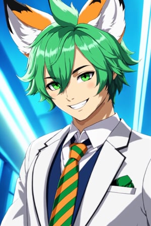 Enigma_Kitsune,1boy, male focus, solo, facial hair, necktie, smile, beard, grin, green hair, heterochromia, formal, looking at viewer, prison clothes, striped suit, suit, fox ears, anthro, animal ears, animal ear fluff