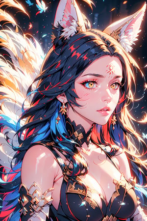 Enigma_Kitsune,1girl, solo, long hair, large breasts, black hair, animal ears, cleavage, bare shoulders, medium breasts, blue hair, collarbone, tail, yellow eyes, upper body, parted lips, detached sleeves, lips, looking to the side, fox ears, fox tail, facial mark, looking away, slit pupils, multiple tails, red background, whisker markings, korean clothes, 