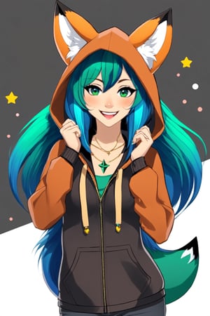 Enigma_Kitsune, , 1girl, solo, blush, smile, brown hair, shirt, jewelry, blue hair, jacket, upper body, multicolored hair, earrings, green hair, teeth, dark skin, hood, necklace, star (symbol), dark-skinned female, hoodie, turtleneck, hooded jacket, black sweater, fox ears, anthro, animal ears, animal ear fluff,