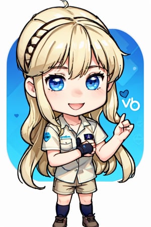 Terri Irwin Chibi, 1girl, detailed eyes, blue eyes, female_solo,blonde hair, smile, australian, upper body, shirt, chibi emote style, simpe background, white background, twitch emote, sticker