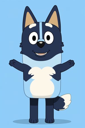 Bluey Style, Bluey Irwin Chibi, blue heeler, blue fur,  solo, looking at viewer, smile, open mouth, simple background, 1boy, animal ears, standing, tail, full body, male focus, black eyes, arms up, blue background, happy, outstretched arms, furry, furry male, body fur, animal nose, two-tone fur, blue fur