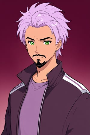 solo, 1boy, male focus, green eyes, light purple hair, stubble, goatee, maroon background, dark skinned male, tan skin, looking at viewer, lips, shirt, jacket, hyur, specular highlights, gradient_background, 