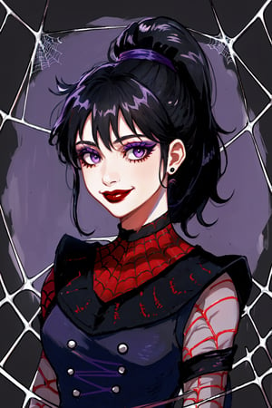 Lydia Deetz, 1girl, solo, smile, black hair, purple eyes, upper body, ponytail, makeup, bug, lipstick, silk, spider web, spider