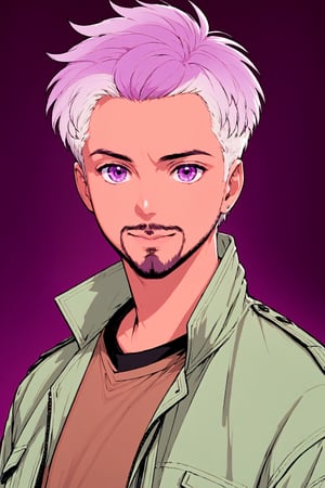 solo, 1boy, male focus, green eyes, light purple hair, stubble, goatee, maroon background, dark skinned male, tan skin, looking at viewer, lips, shirt, jacket, hyur, specular highlights, gradient_background, 