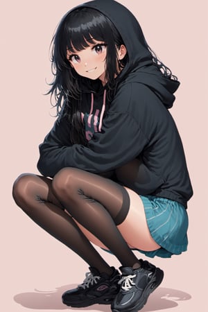 1girl, solo, long hair, looking at viewer, blush, smile, bangs, skirt, black hair, pantyhose, shoes, hood, black footwear, black pantyhose, hoodie, squatting, hand on own head
