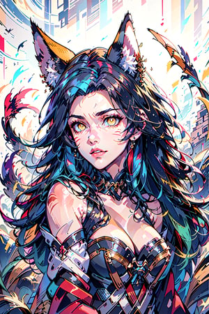 Enigma_Kitsune,1girl, solo, long hair, large breasts, black hair, animal ears, cleavage, bare shoulders, medium breasts, blue hair, collarbone, tail, yellow eyes, upper body, parted lips, detached sleeves, lips, looking to the side, fox ears, fox tail, facial mark, looking away, slit pupils, multiple tails, red background, whisker markings, korean clothes, 