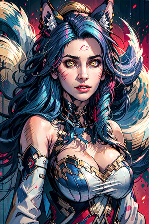 Enigma_Kitsune,1girl, solo, long hair, large breasts, black hair, animal ears, cleavage, bare shoulders, medium breasts, blue hair, collarbone, tail, yellow eyes, upper body, parted lips, detached sleeves, lips, looking to the side, fox ears, fox tail, facial mark, looking away, slit pupils, multiple tails, red background, whisker markings, korean clothes, 