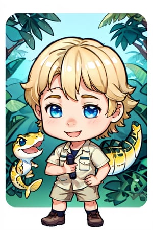 Steve Irwin Chibi, 1boy, detailed eyes, male focus, solo,blonde hair, smile, australian, upper body, shirt, chibi emote style, simpe background, white background, twitch emote, sticker