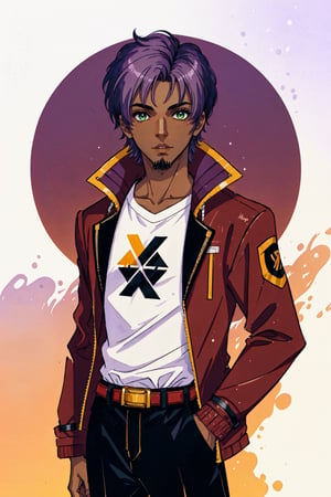 solo, 1boy, male focus, green eyes, light purple hair, stubble, goatee, maroon background, dark skinned male, tan skin, looking at viewer, lips, shirt, jacket, hyur, specular highlights, gradient_background