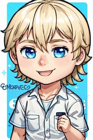 Rob Irwin Chibi, 1boy, detailed eyes, blue eyes, male focus, male_solo,blonde hair, smile, australian, upper body, shirt, chibi emote style, simpe background, white background, twitch emote, sticker