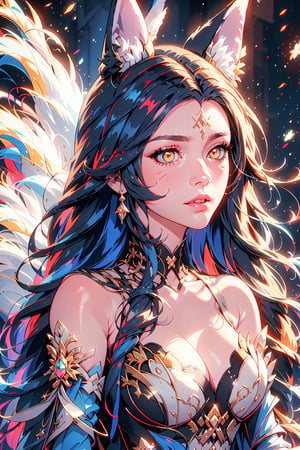 Enigma_Kitsune,1girl, solo, long hair, large breasts, black hair, animal ears, cleavage, bare shoulders, medium breasts, blue hair, collarbone, tail, yellow eyes, upper body, parted lips, detached sleeves, lips, looking to the side, fox ears, fox tail, facial mark, looking away, slit pupils, multiple tails, red background, whisker markings, korean clothes, 