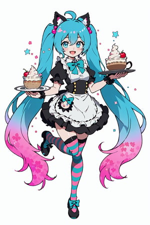 Hatsune Miku, Cherry Blossom Miku, full body, bowtie,  blue eyes, animal, striped thighhighs, animal ears, white background, black footwear, ice cream, holding tray, :d, multicolored hair, very long hair, parfait, holding, thighhighs, twintails, bow, puffy sleeves, shoes, waitress, food, black bow, bangs, standing on one leg, open mouth, gradient hair, pink dress, frilled apron, hair bow, white apron, looking at viewer, smile, aqua hair, standing, dress, striped, solo, short sleeves, frills, tray, long hair, hair between eyes, 1girl, simple background, aqua eyes, apron, puffy short sleeves