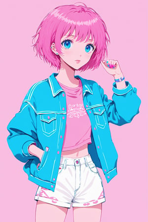 1girl, solo, looking at viewer, short hair, bangs, blue eyes, simple background, shirt, long sleeves, jacket, pink hair, cowboy shot, shorts, nail polish, sleeves past wrists, blue background, pink shirt, white shorts, aqua background
