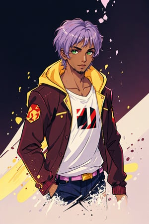 solo, 1boy, male focus, green eyes, light purple hair, stubble, goatee, maroon background, dark skinned male, tan skin, looking at viewer, lips, shirt, jacket, hyur, specular highlights, gradient_background