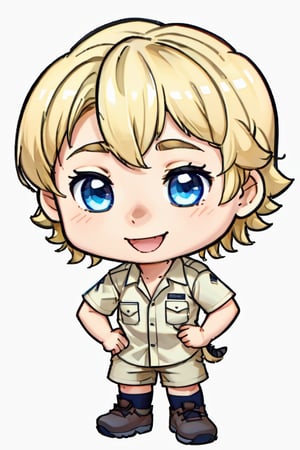 Steve Irwin Chibi, 1boy, detailed eyes, male focus, solo,blonde hair, smile, australian, upper body, shirt, chibi emote style, simpe background, white background, twitch emote, sticker