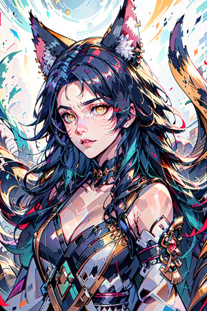 Enigma_Kitsune,1girl, solo, long hair, large breasts, black hair, animal ears, cleavage, bare shoulders, medium breasts, blue hair, collarbone, tail, yellow eyes, upper body, parted lips, detached sleeves, lips, looking to the side, fox ears, fox tail, facial mark, looking away, slit pupils, multiple tails, red background, whisker markings, korean clothes, 