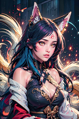 Enigma_Kitsune,1girl, solo, long hair, large breasts, black hair, animal ears, cleavage, bare shoulders, medium breasts, blue hair, collarbone, tail, yellow eyes, upper body, parted lips, detached sleeves, lips, looking to the side, fox ears, fox tail, facial mark, looking away, slit pupils, multiple tails, red background, whisker markings, korean clothes, 