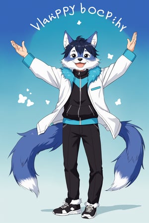 Bluey Style, Bluey Irwin Chibi, blue heeler, blue fur,  solo, looking at viewer, smile, open mouth, simple background, 1boy, animal ears, standing, tail, full body, male focus, black eyes, arms up, blue background, happy, outstretched arms, furry, furry male, body fur, animal nose, two-tone fur, blue fur