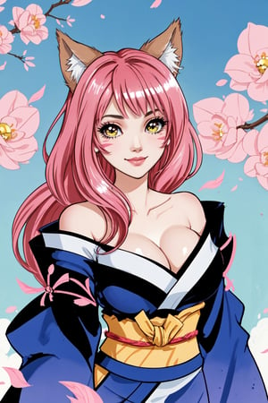 ahri, 1girl, absurdres, ahri_(league_of_legends), (zentangle, mandala, tangle, entangle:0.6), ((shiny skin, voluptuous, sexy, skindentation, ultra detailed, ultra sharp, extreme light and shadow, masterpiece)), pink_hair, animal_ear_fluff, animal_ears, bangs, bare_shoulders, bell, breasts, cleavage, facial_mark, fox_ears, fox_girl, green_kimono, hair_bell, hair_ornament, highres, japanese_clothes, kimono, large_breasts, league_of_legends, long_hair, looking_at_viewer, petals, ribbon, signature, smile, solo, spiritblossom(league_of_legends), spirit_blossom_ahri, wang_bu_chou, whisker_markings