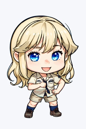 Terri Irwin Chibi, 1girl, detailed eyes, blue eyes, female_solo,blonde hair, smile, australian, upper body, shirt, chibi emote style, simpe background, white background, twitch emote, sticker