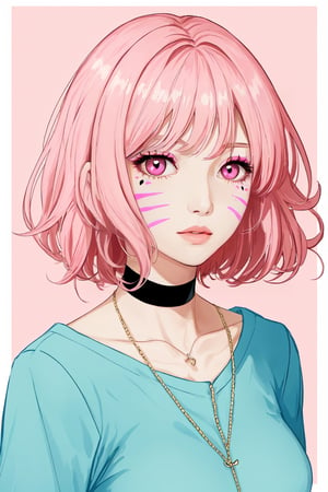 1girl, solo, breasts, short hair, dress, pink hair, choker, pink eyes, lips, makeup, colored skin, facial mark, pink skin, 