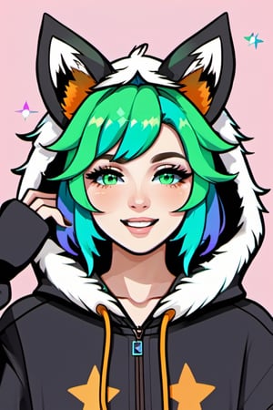 Niji_Emote, chibi, emoji twitch emote, stickers,  1girl, solo, blush, smile, brown hair, shirt, jewelry, blue hair, jacket, upper body, multicolored hair, earrings, green hair, teeth, dark skin, hood, necklace, star (symbol), dark-skinned female, hoodie, turtleneck, hooded jacket, black sweater, fox ears, anthro, animal ears, animal ear fluff, 
