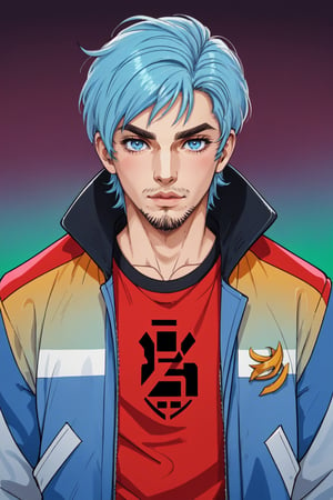  solo, 1boy, male focus, blue eyes, light blue hair, stubble, goatee, maroon background, tan skin, looking at viewer, lips, shirt, jacket, hyur, specular highlights, gradient