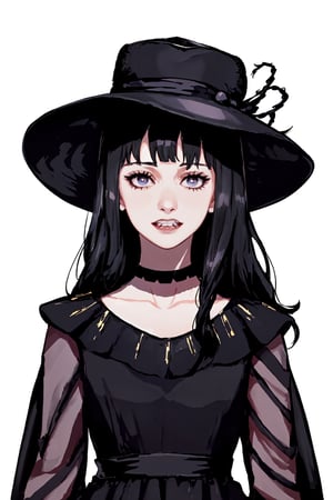 Lydia Deetz, 1girl, solo, long hair, simple background, black hair, hat, white background, dress, upper body, parted lips, teeth, choker, black eyes, black dress, black headwear, black choker