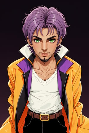 solo, 1boy, male focus, green eyes, light purple hair, stubble, goatee, maroon background, dark skinned male, tan skin, looking at viewer, lips, shirt, jacket, hyur, specular highlights, gradient_background