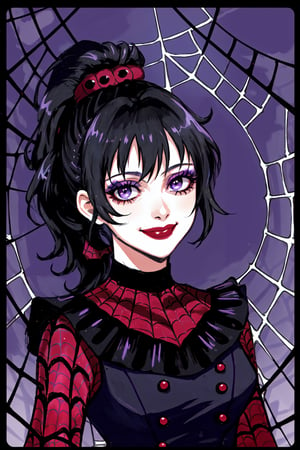 Lydia Deetz, 1girl, solo, smile, black hair, purple eyes, upper body, ponytail, makeup, bug, lipstick, silk, spider web, spider