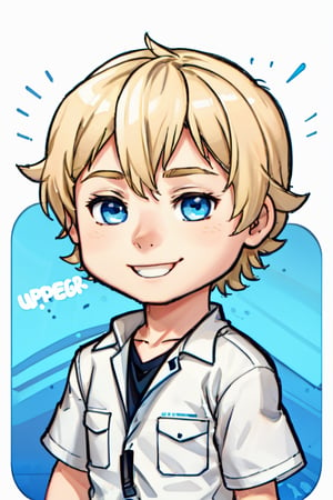 Rob Irwin Chibi, 1boy, detailed eyes, blue eyes, male focus, male_solo,blonde hair, smile, australian, upper body, shirt, chibi emote style, simpe background, white background, twitch emote, sticker