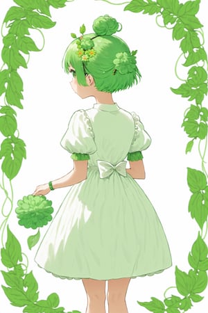 1girl, solo, short hair, hair ornament, dress, flower, short sleeves, hairband, green hair, puffy sleeves, hair flower, hair bun, from behind, white dress, puffy short sleeves, leaf, single hair bun, cable
