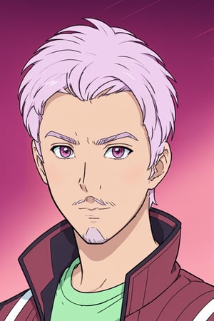 solo, 1boy, male focus, green eyes, light purple hair, stubble, goatee, maroon background, dark skinned male, tan skin, looking at viewer, lips, shirt, jacket, hyur, specular highlights, gradient_background, 