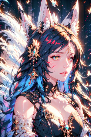 Enigma_Kitsune,1girl, solo, long hair, large breasts, black hair, animal ears, cleavage, bare shoulders, medium breasts, blue hair, collarbone, tail, yellow eyes, upper body, parted lips, detached sleeves, lips, looking to the side, fox ears, fox tail, facial mark, looking away, slit pupils, multiple tails, red background, whisker markings, korean clothes, 