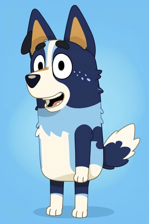 Bluey Style, Bluey Irwin Chibi, blue heeler, blue fur,  solo, looking at viewer, smile, open mouth, simple background, 1boy, animal ears, standing, tail, full body, male focus, black eyes, arms up, blue background, happy, outstretched arms, furry, furry male, body fur, animal nose, two-tone fur, blue fur