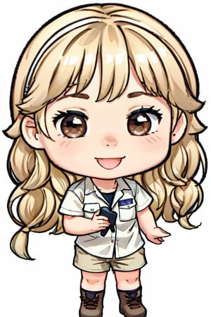 Bindi Irwin Chibi, 1girl, detailed eyes, brown eyes, female_solo,blonde hair, smile, australian, upper body, shirt, chibi emote style, simpe background, white background, twitch emote, sticker