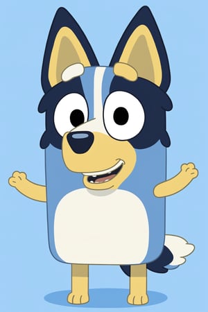 Bluey Style, Bluey Irwin Chibi, blue heeler, blue fur,  solo, looking at viewer, smile, open mouth, simple background, 1boy, animal ears, standing, tail, full body, male focus, black eyes, arms up, blue background, happy, outstretched arms, furry, furry male, body fur, animal nose, two-tone fur, blue fur