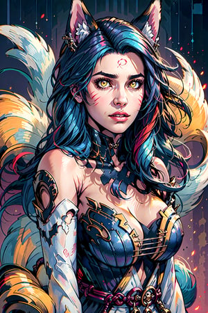 Enigma_Kitsune,1girl, solo, long hair, large breasts, black hair, animal ears, cleavage, bare shoulders, medium breasts, blue hair, collarbone, tail, yellow eyes, upper body, parted lips, detached sleeves, lips, looking to the side, fox ears, fox tail, facial mark, looking away, slit pupils, multiple tails, red background, whisker markings, korean clothes, 