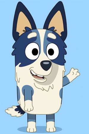 Bluey Style, Bluey Irwin Chibi, blue heeler, blue fur,  solo, looking at viewer, smile, open mouth, simple background, 1boy, animal ears, standing, tail, full body, male focus, black eyes, arms up, blue background, happy, outstretched arms, furry, furry male, body fur, animal nose, two-tone fur, blue fur