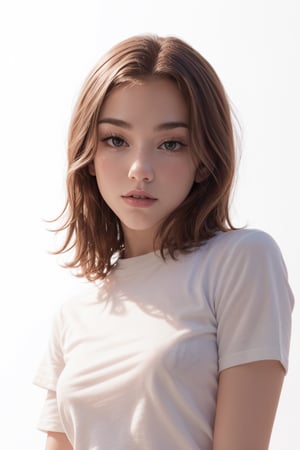 Realistic body proportions, realistic perfect face features. Perfect hair. Collared tshirt. Ambient soft lighting, (perfect accurate eye, looking at viewer:1.6), accurate perfect face, perfect lighting. (((Simple White background))),  