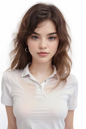 Realistic body proportions, realistic perfect face features. Perfect hair. Collared tshirt. Ambient soft lighting, (perfect accurate eye, looking at viewer:1.6), accurate perfect face, perfect lighting. (((Simple White background))),  