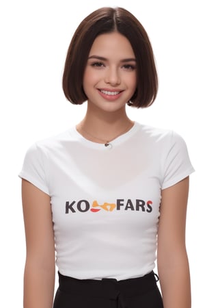 Realistic body proportions, realistic perfect face features. Perfect hair, light smile. V-shirt. Ambient soft lighting, (perfect accurate dark eyes, looking at viewer:1.4), accurate perfect face, perfect lighting. (((Simple White background)))