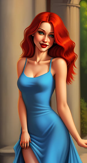 shy desireable wanting lonely celtic girl light skin long red hair red lips and freckles in low cut tight blue summer dress 
,arshadArt
