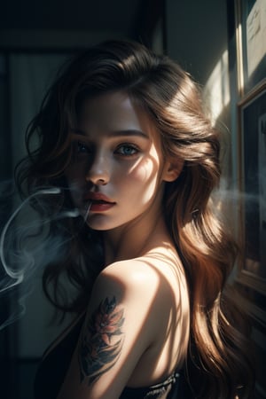 (masterpiece photography), (8k portrait) of an extremely beautiful and gorgeous girl with very long hair that covers one of her eyes, (smoking big cigarettes), tattoos, in a dark room and light coming from the angle, the smoke of the cigarette passes through the light