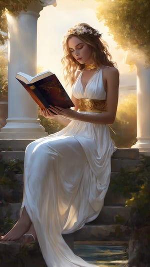 Aphrodite , nsfw, 1 girl reading a book, full body portrait of a photorealistic beautiful seductress, with messy hair, in a Greek garden, exotic white and gold vilain dress, choker style colar, bright color eyes, full body, dark fantasy, flowers, sun rays, overcast, dynamic pose, ,vanille